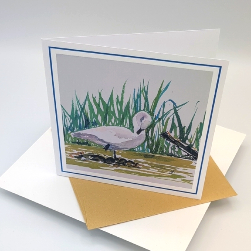 Elegant White and Green Swan Greeting Card